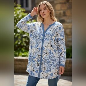 Chicos Fleur-de-lis Blue & Tan Boho Shirt Bohemian Comfy Summer Soft Preppy